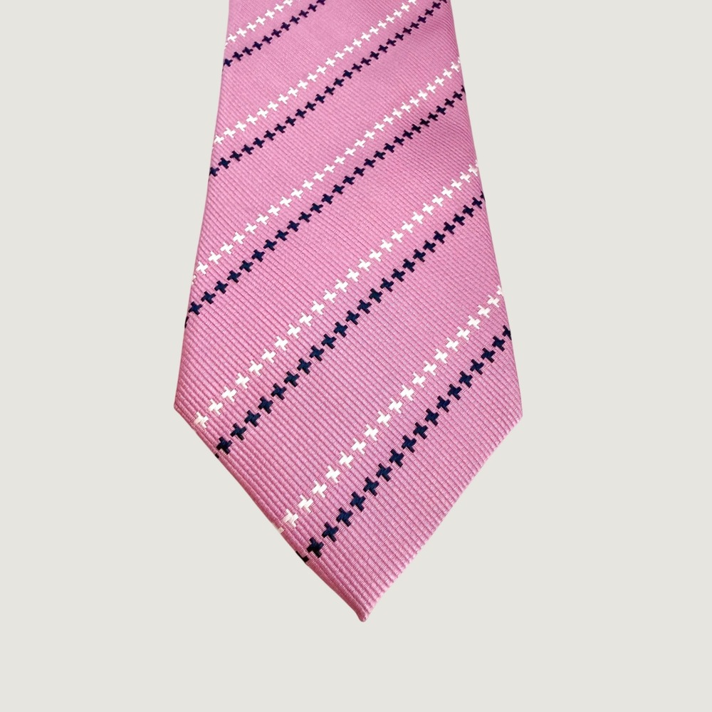 Corporate Image Tom James Mens Pink Silk Tie Navy Cross Stitch Striped 3.4x60
